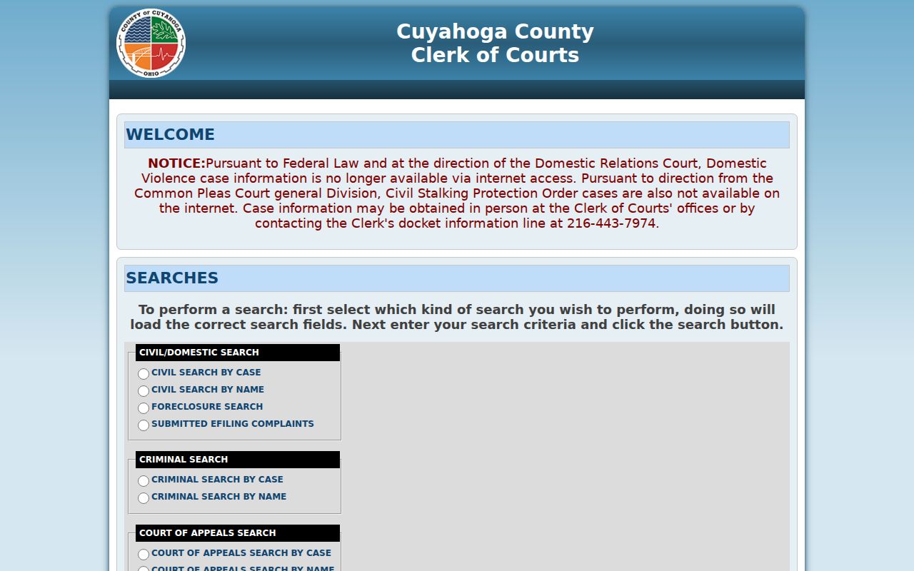 Cleveland residents directory Cuyahoga Common Pleas docket screen