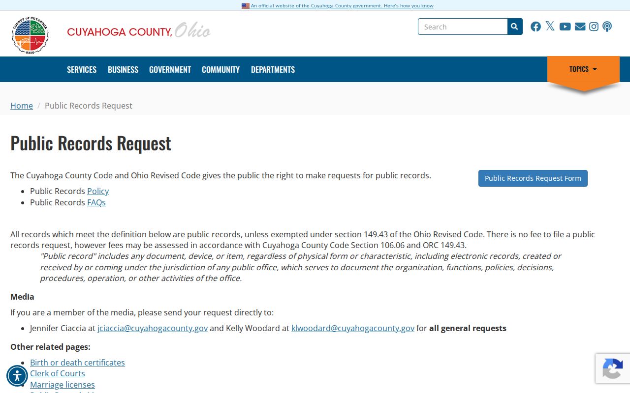 Cleveland residents directory Cuyahoga County public-records request page