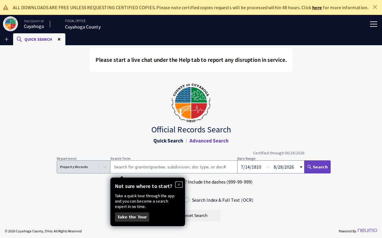 Cleveland residents directory Cuyahoga Official Records Search screen